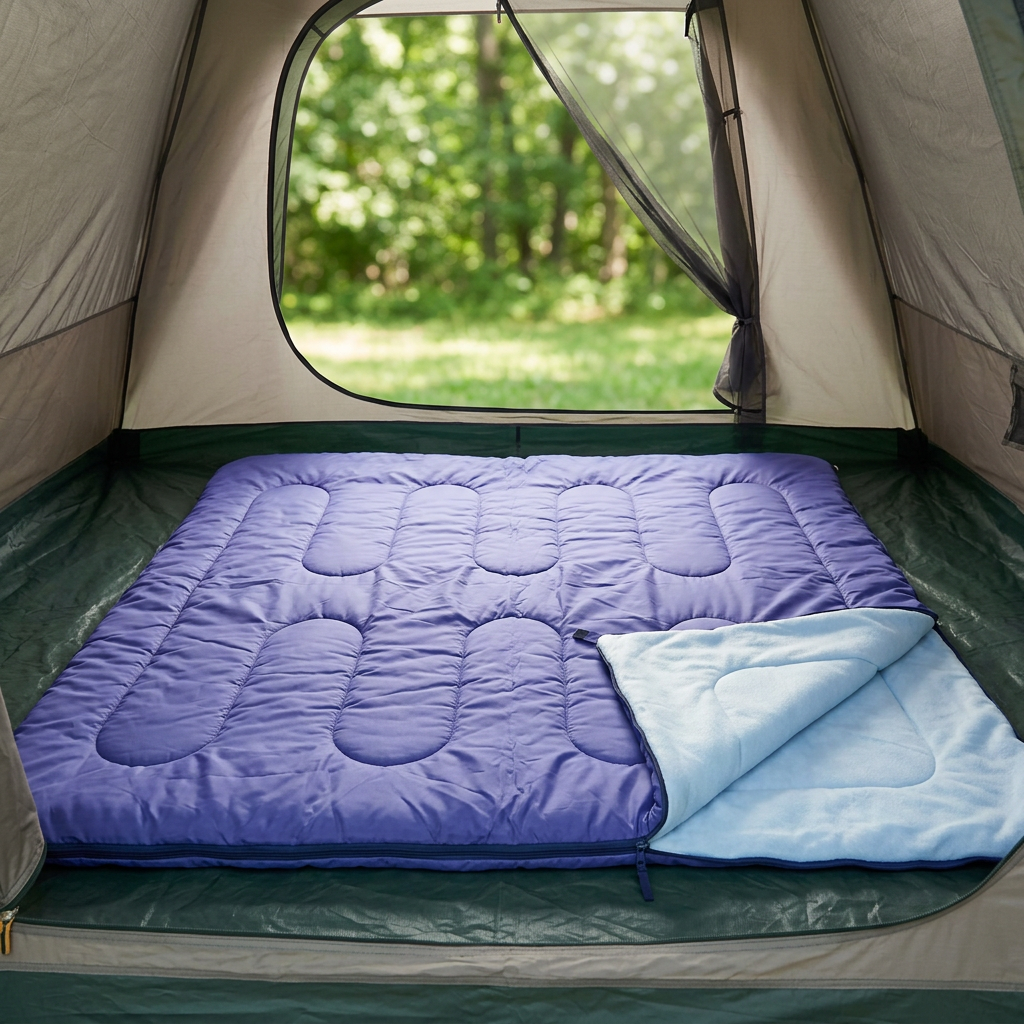 Double sleeping bag laid out inside a tent