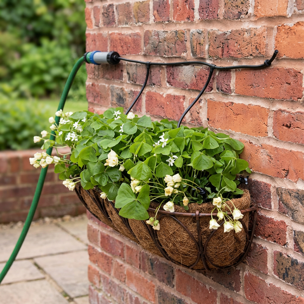 Drip irrigation tubing watering a flowering planter