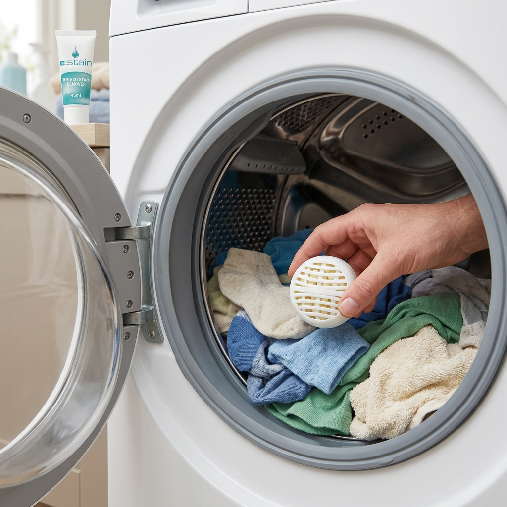 E Ball being placed among laundry in a washing machine