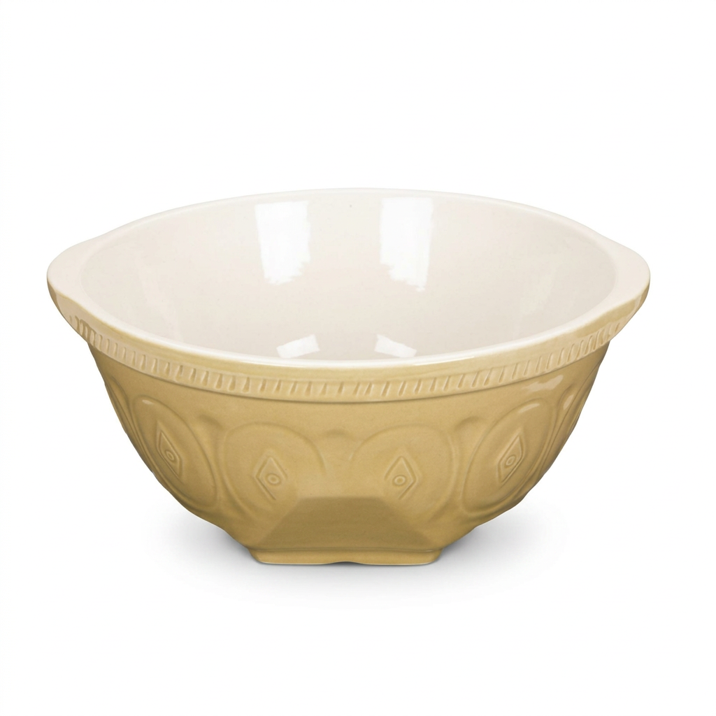 Empty stoneware mixing bowl on a white background