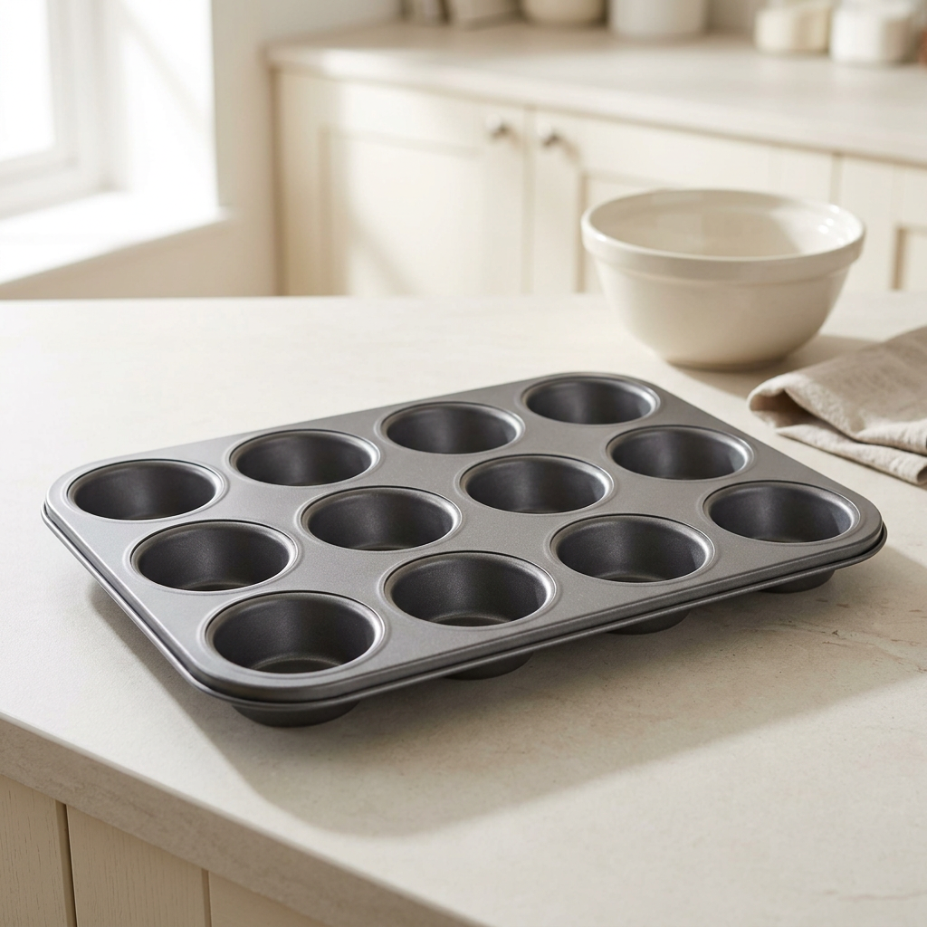 Empty twelve-hole baking pan on a kitchen worktop