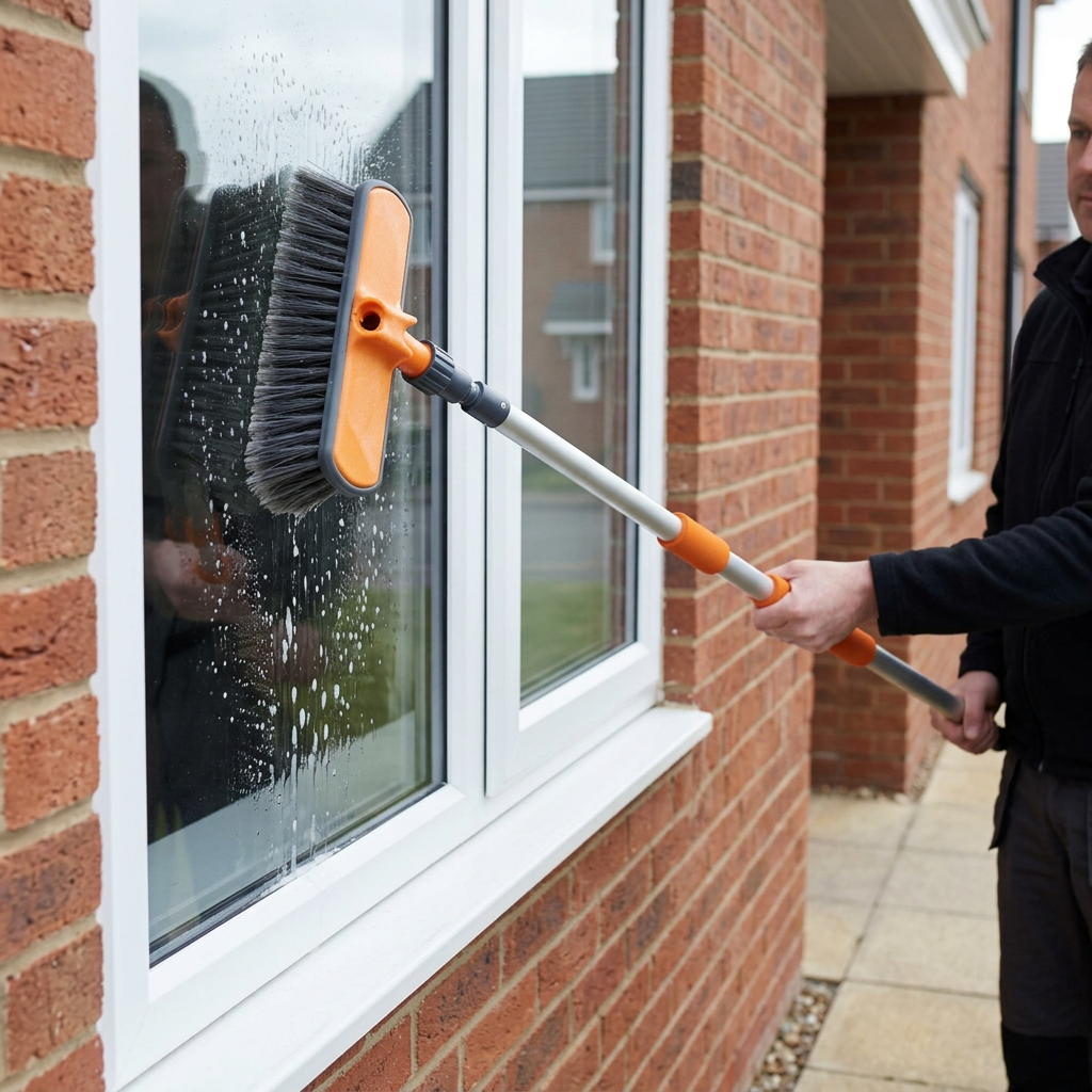 Extension brush being used to clean a house window