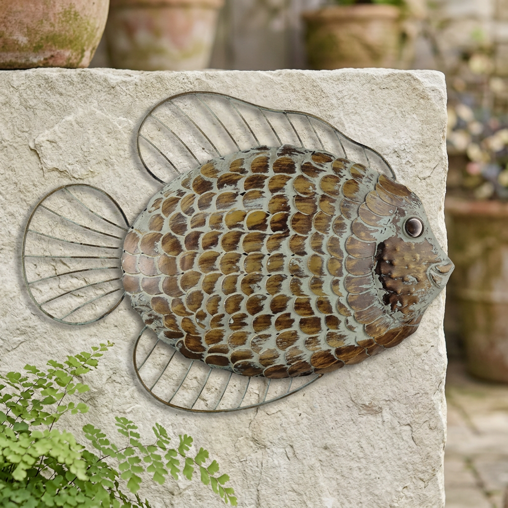 Flat fish wall art on a stone garden wall
