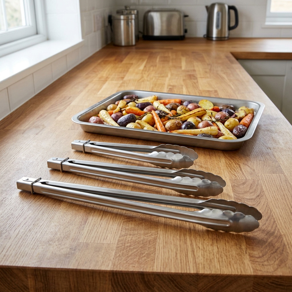 Flat food tongs with corrected proportions beside a roasting tray