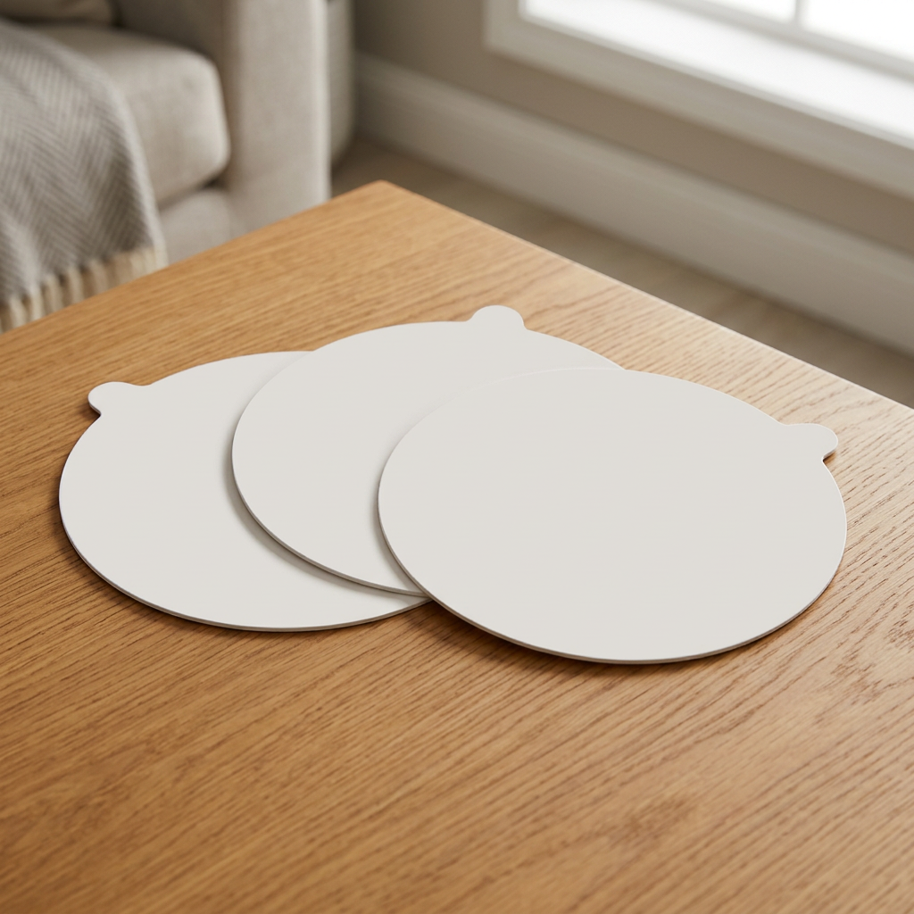 Flea trap replacement discs on an oak surface with a subtle home background