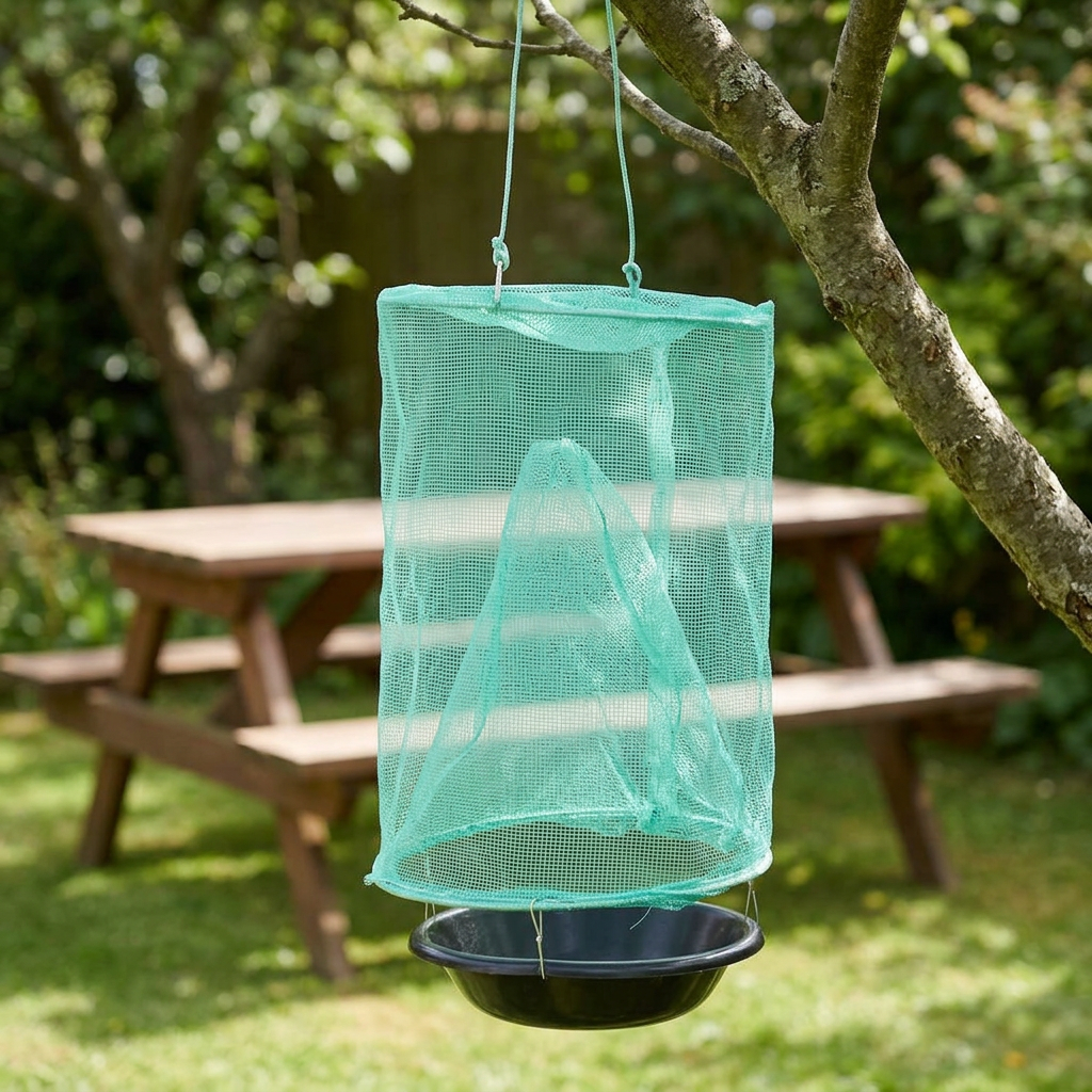 Fly catcher hanging from a tree near a garden picnic bench