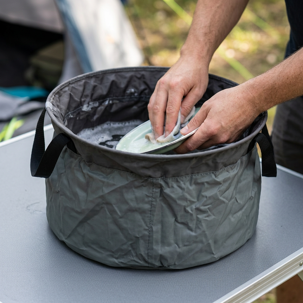 Foldable wash basin being used for campsite washing-up
