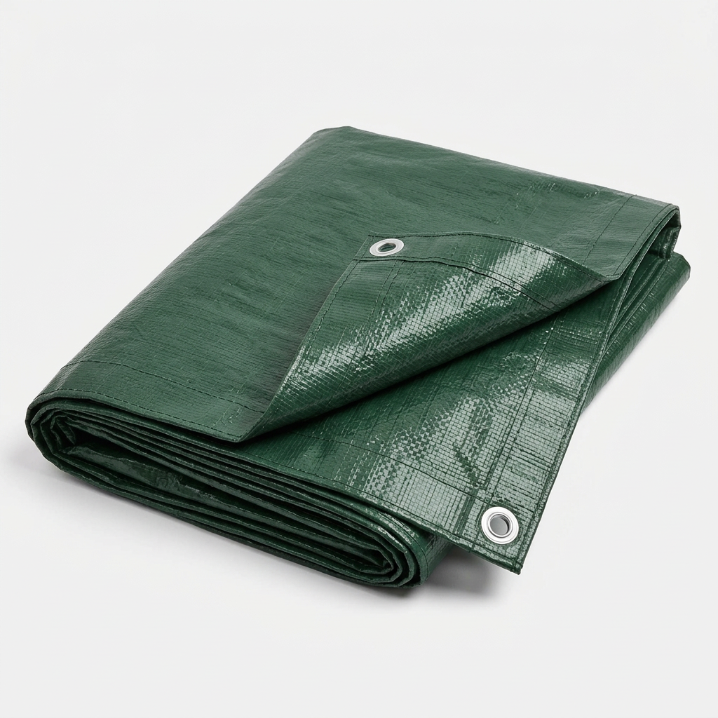 Folded dark green tarpaulin on white