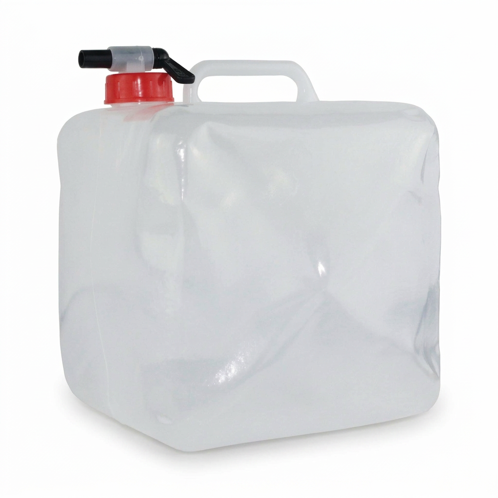Folding water carrier with red cap and black tap