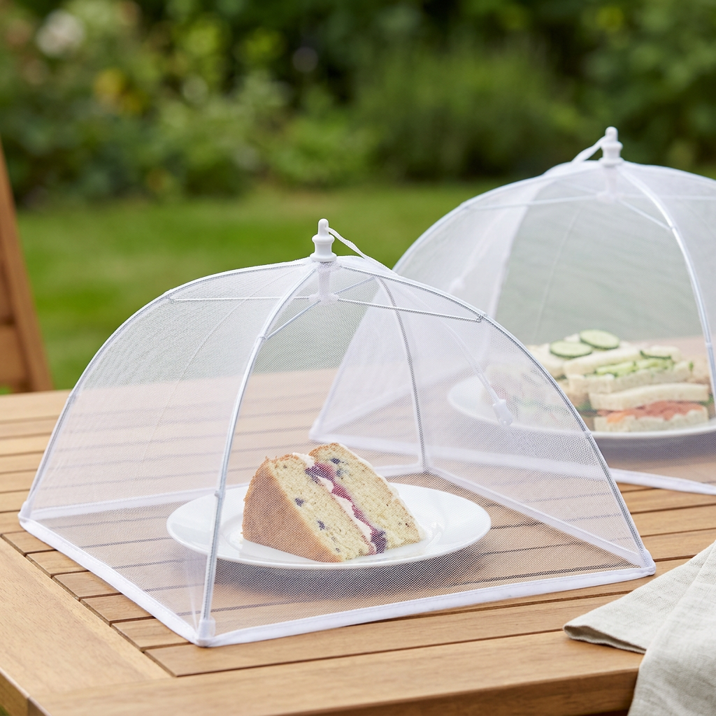Food umbrellas covering food on a garden table