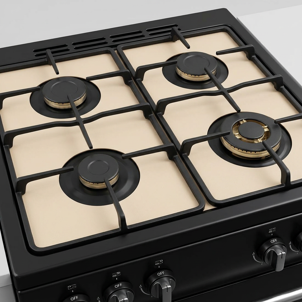 Four hob liners fitted around gas burners
