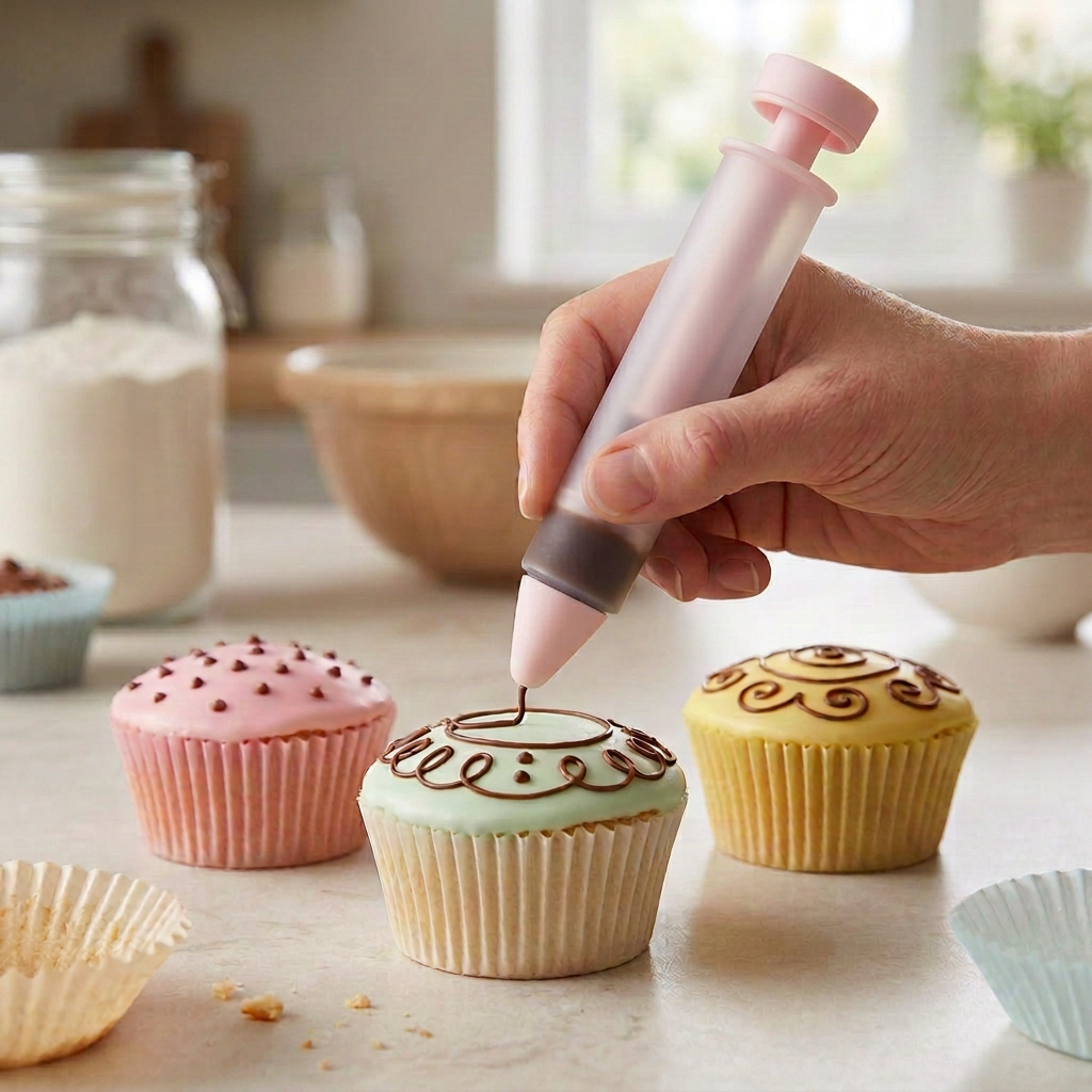 Frosted pink icing pen with a smooth cylindrical plunger decorating a cupcake