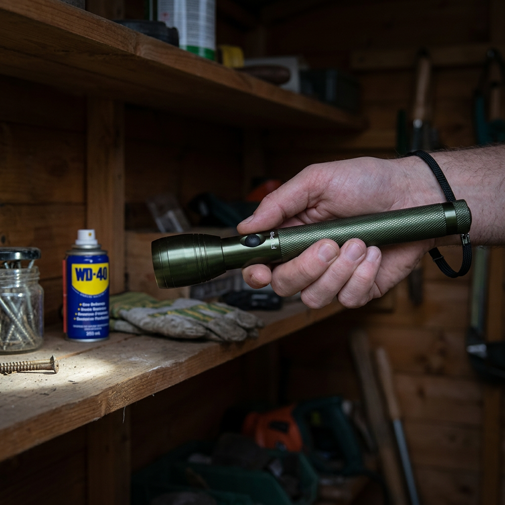 FX Pro torch being used to check a shed shelf
