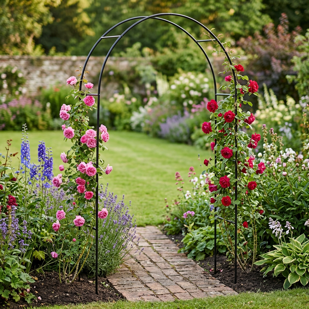 Garden arch supporting climbing roses over a path