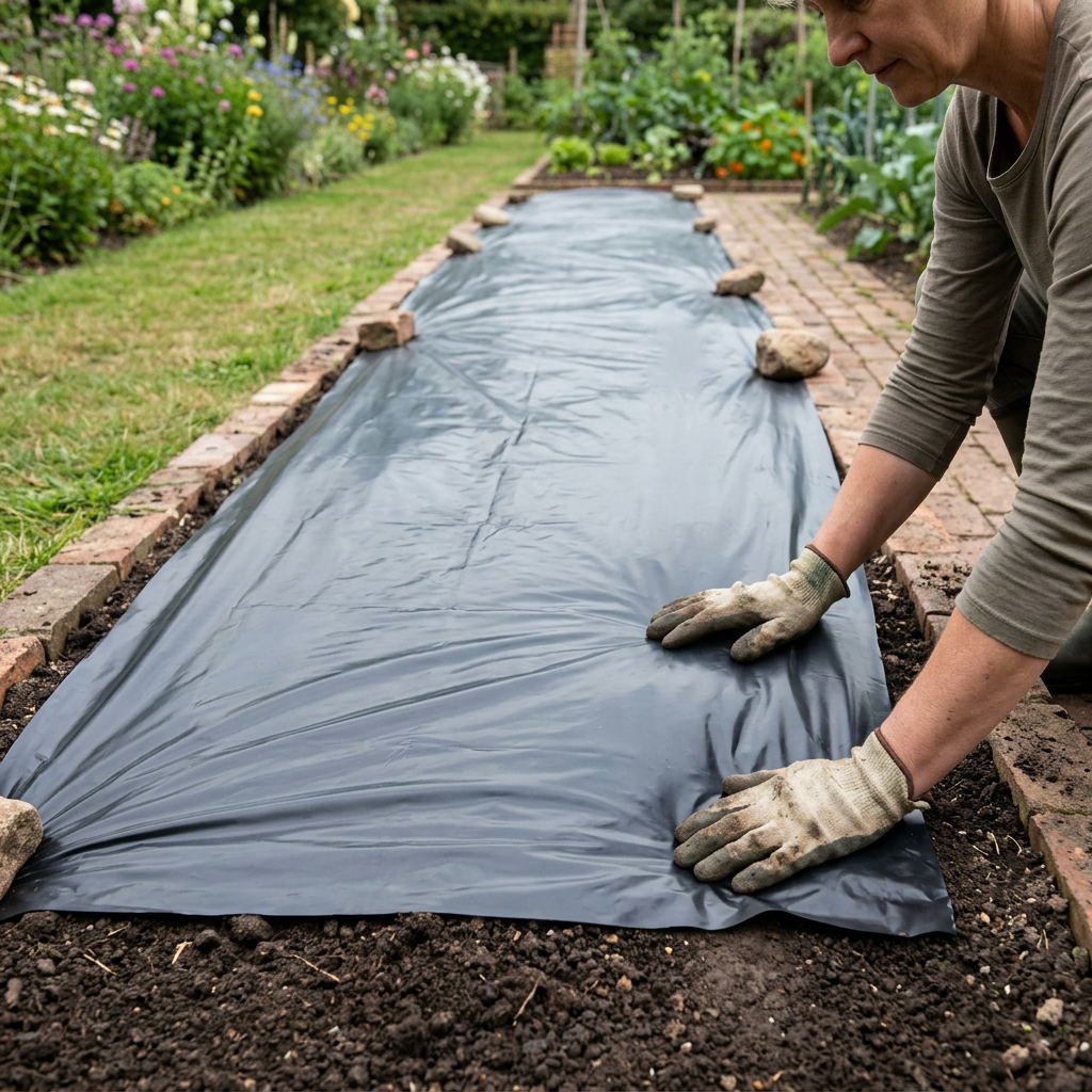 Gardener laying the mulch sheet over soil