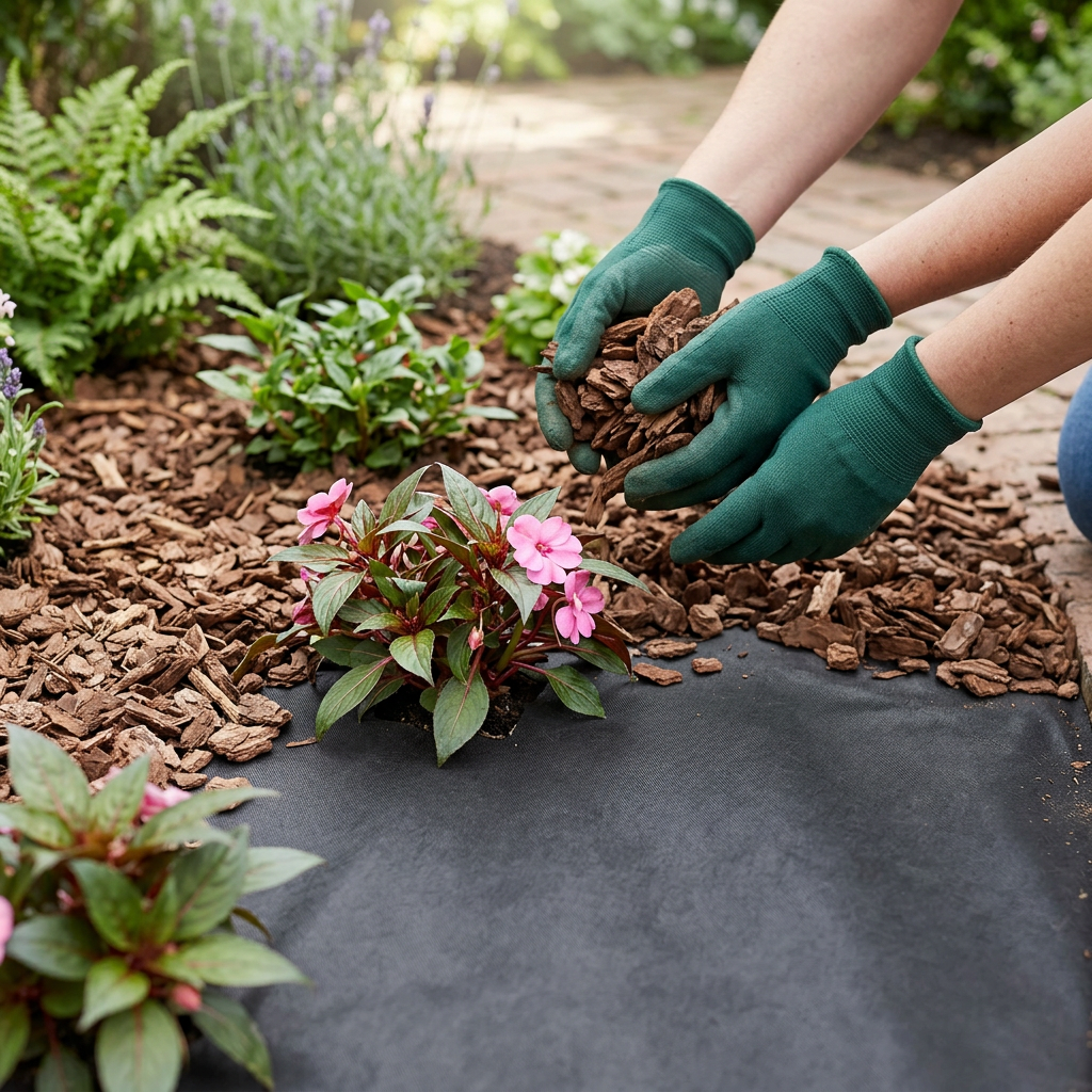 Gardener spreading bark over weed control fabric