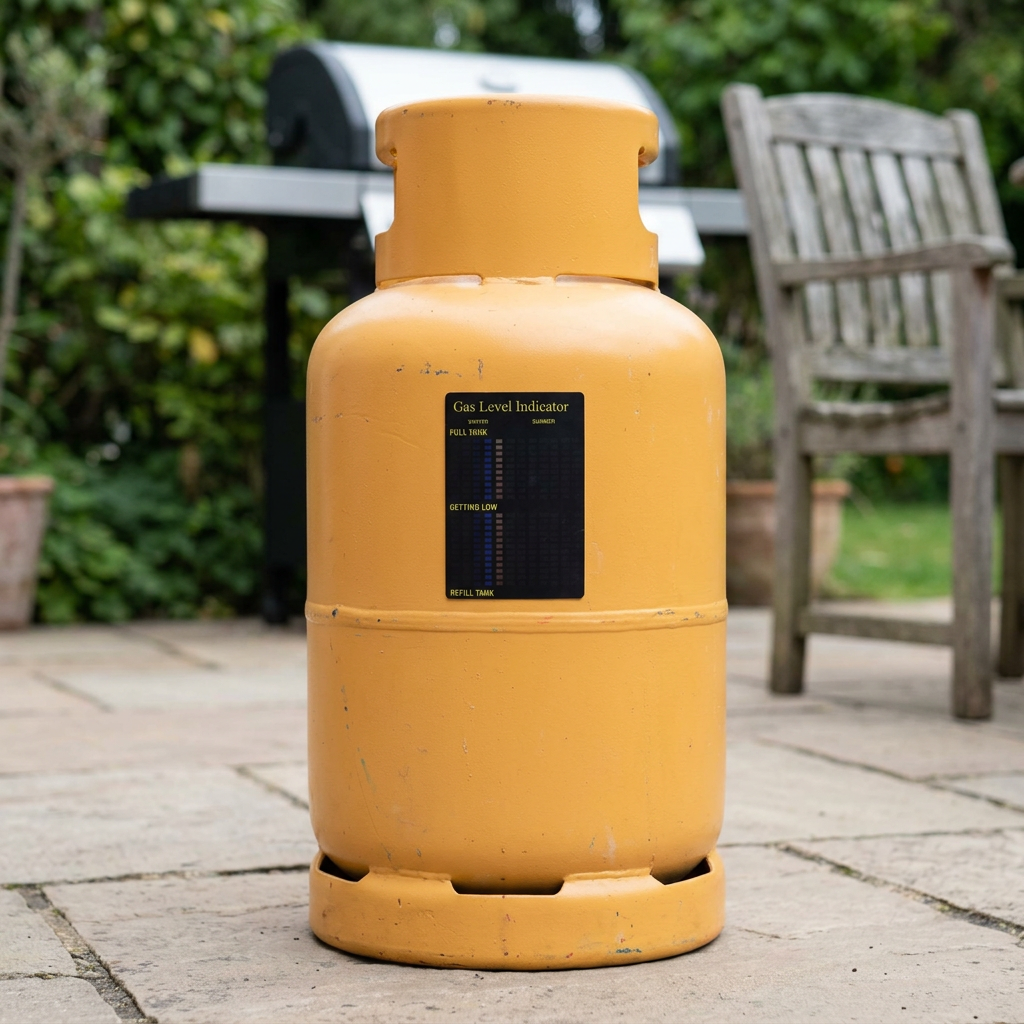 Gas Level Indicator on a cylinder in an outdoor barbecue setting