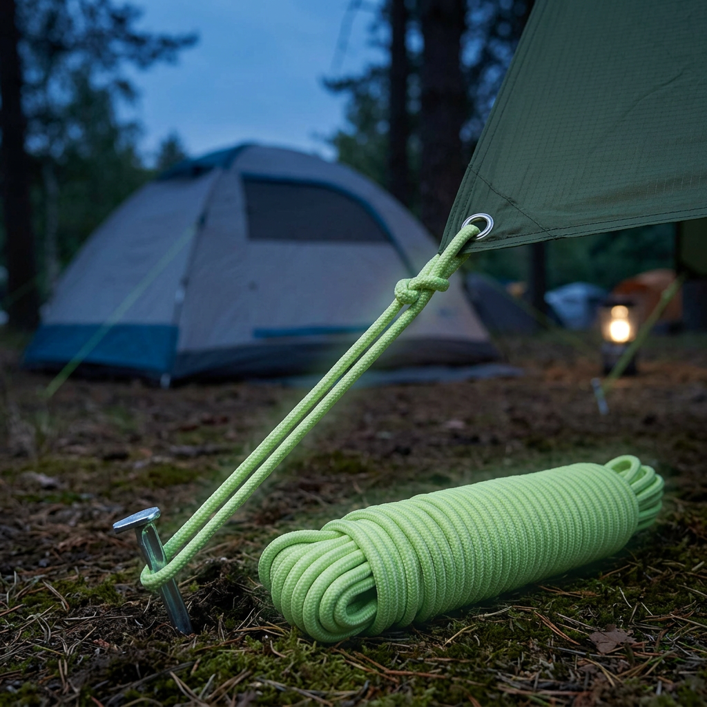 Glow-in-the-dark rope securing a camping tarp