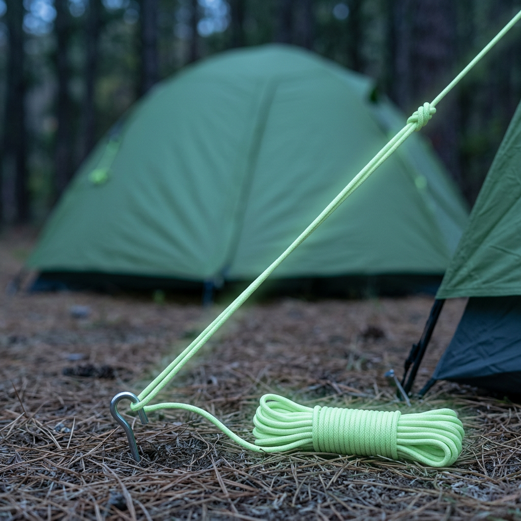 Glow-in-the-dark rope used at a campsite at dusk