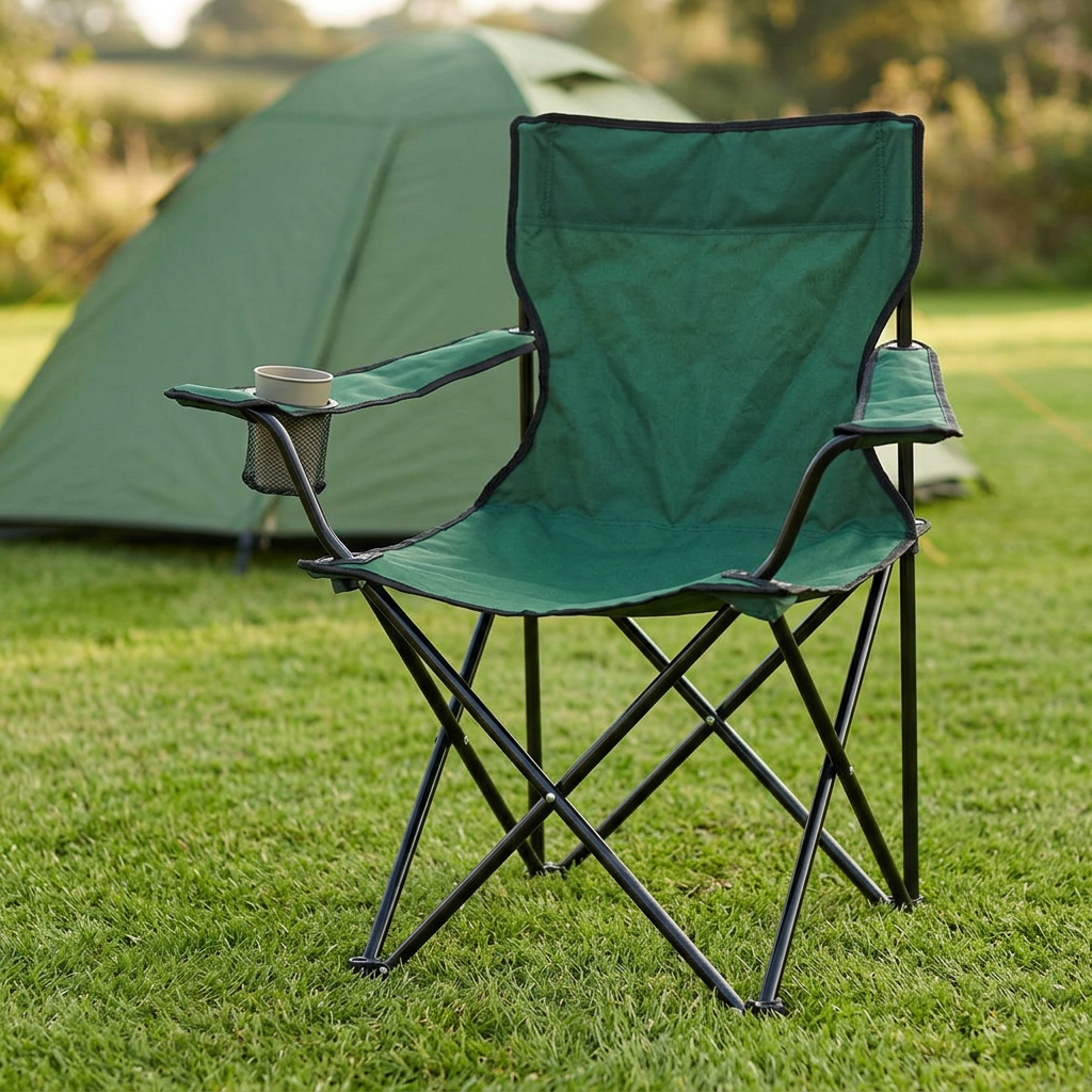 Green camping chair beside a tent