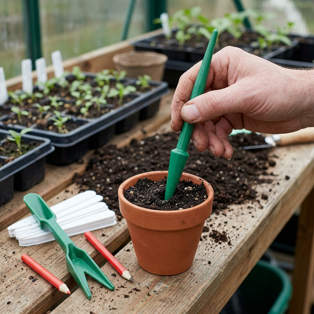 Green dibber being used to make a planting hole