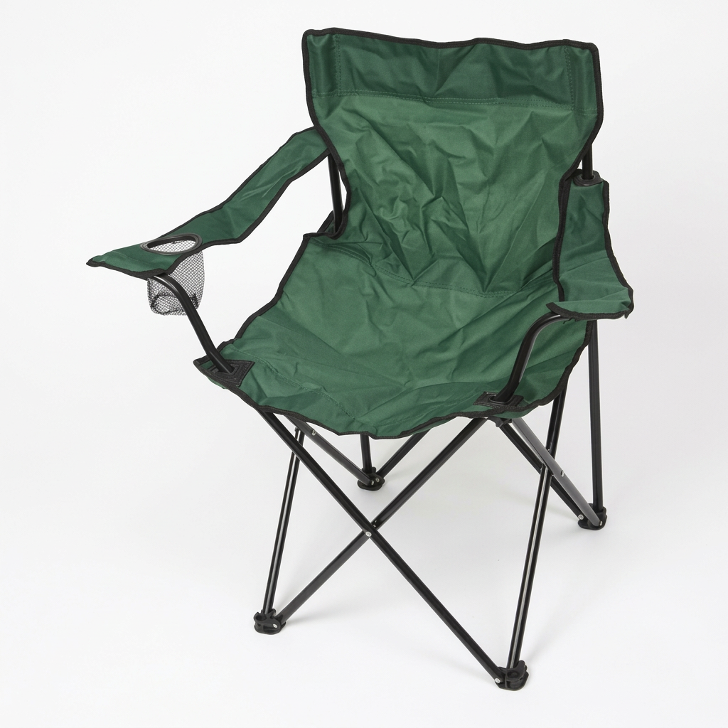 Green foldable camping chair on white