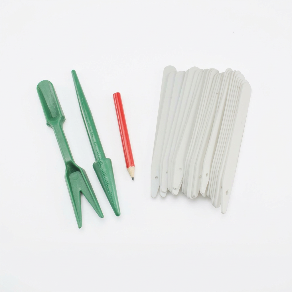 Green planting tools with labels and pencil