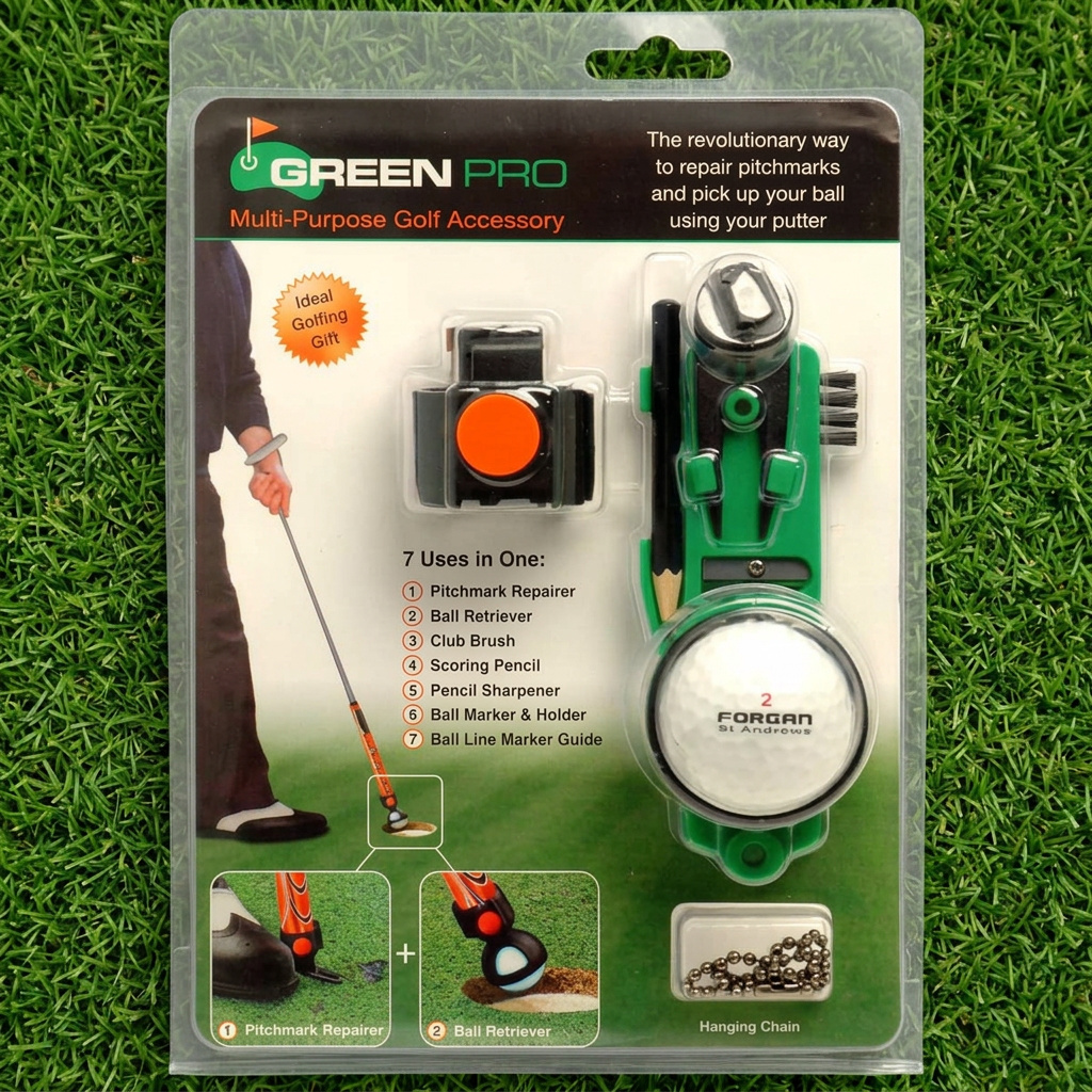 Green Pro golf accessory kit on neatly cut grass
