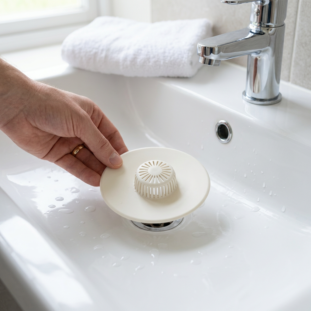 Hair Snare being positioned over a basin drain