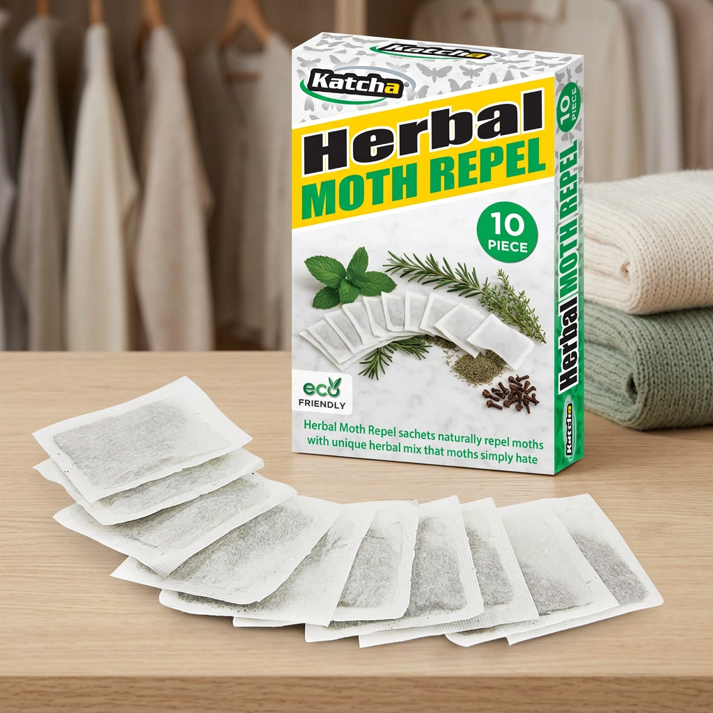 Herbal Moth Repel box and sachets on a wooden wardrobe shelf