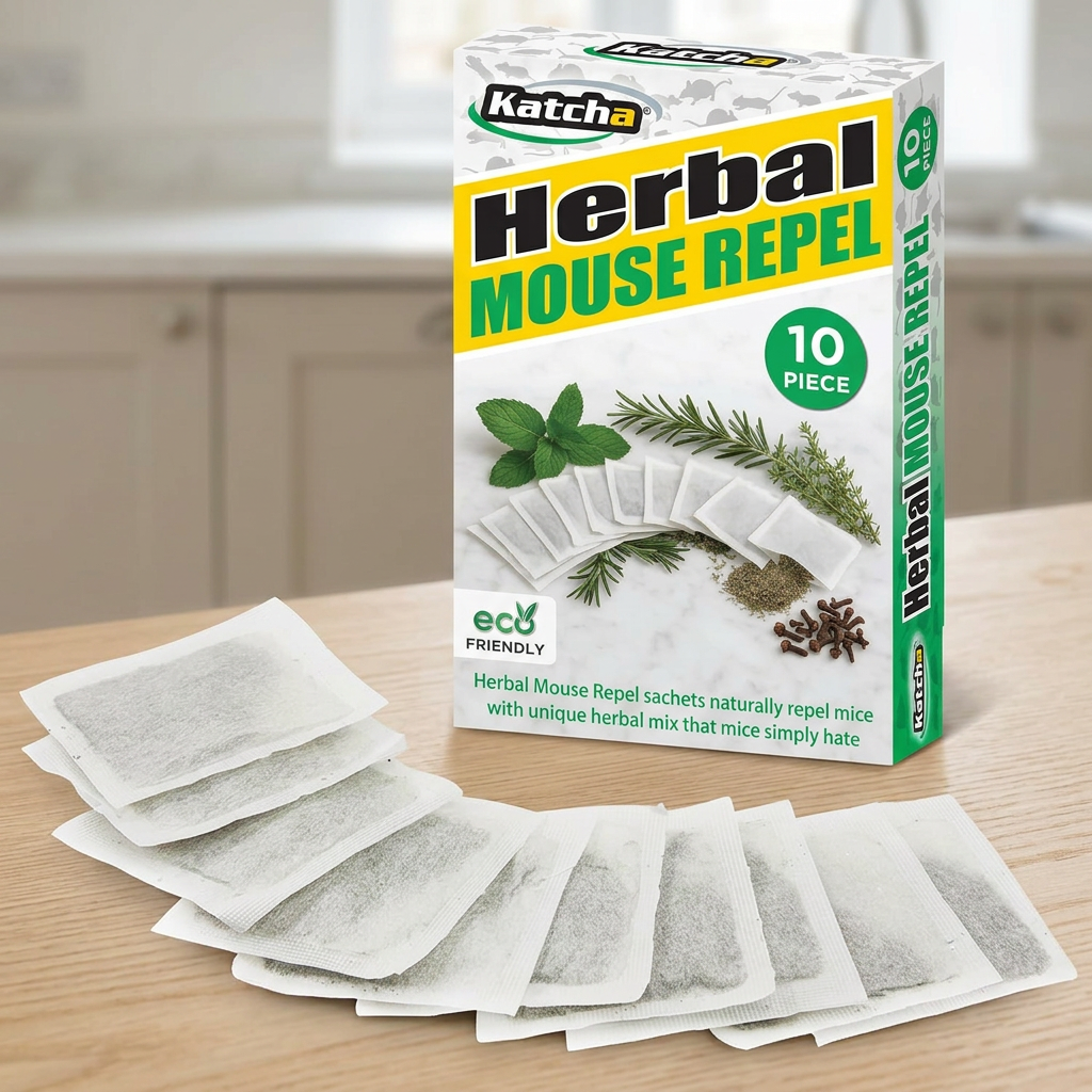 Herbal Mouse Repel box and sachets on a pale wooden surface in a softly lit utility room