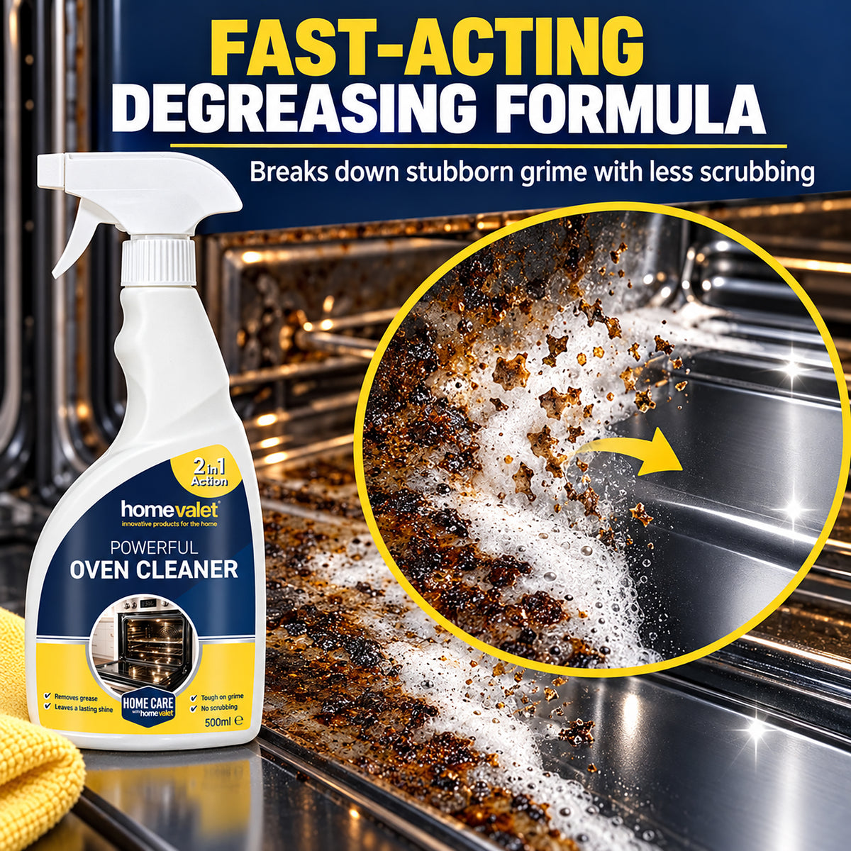 Oven and hob cleaner spray used to remove grease from a hob
