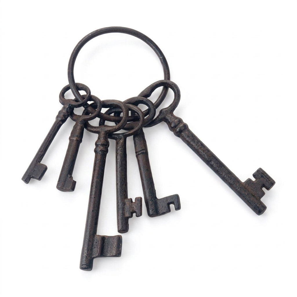 Improved cast-iron gardeners’ keys on a white background