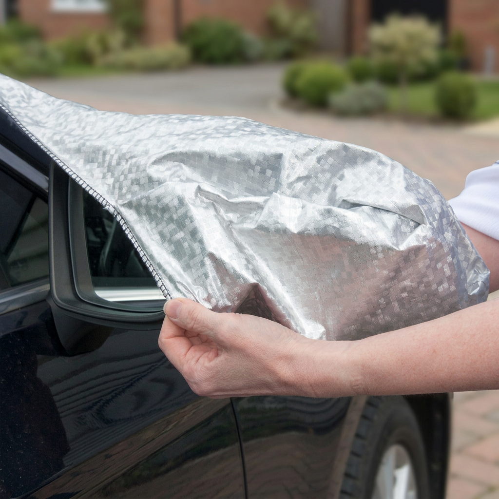 Improved image of the luxury windscreen cover being fitted around a side mirror