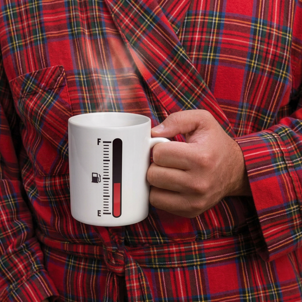 Improved lifestyle image of the fuel gauge mug being held