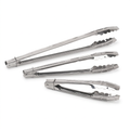 Improved three stainless steel tongs on a white background
