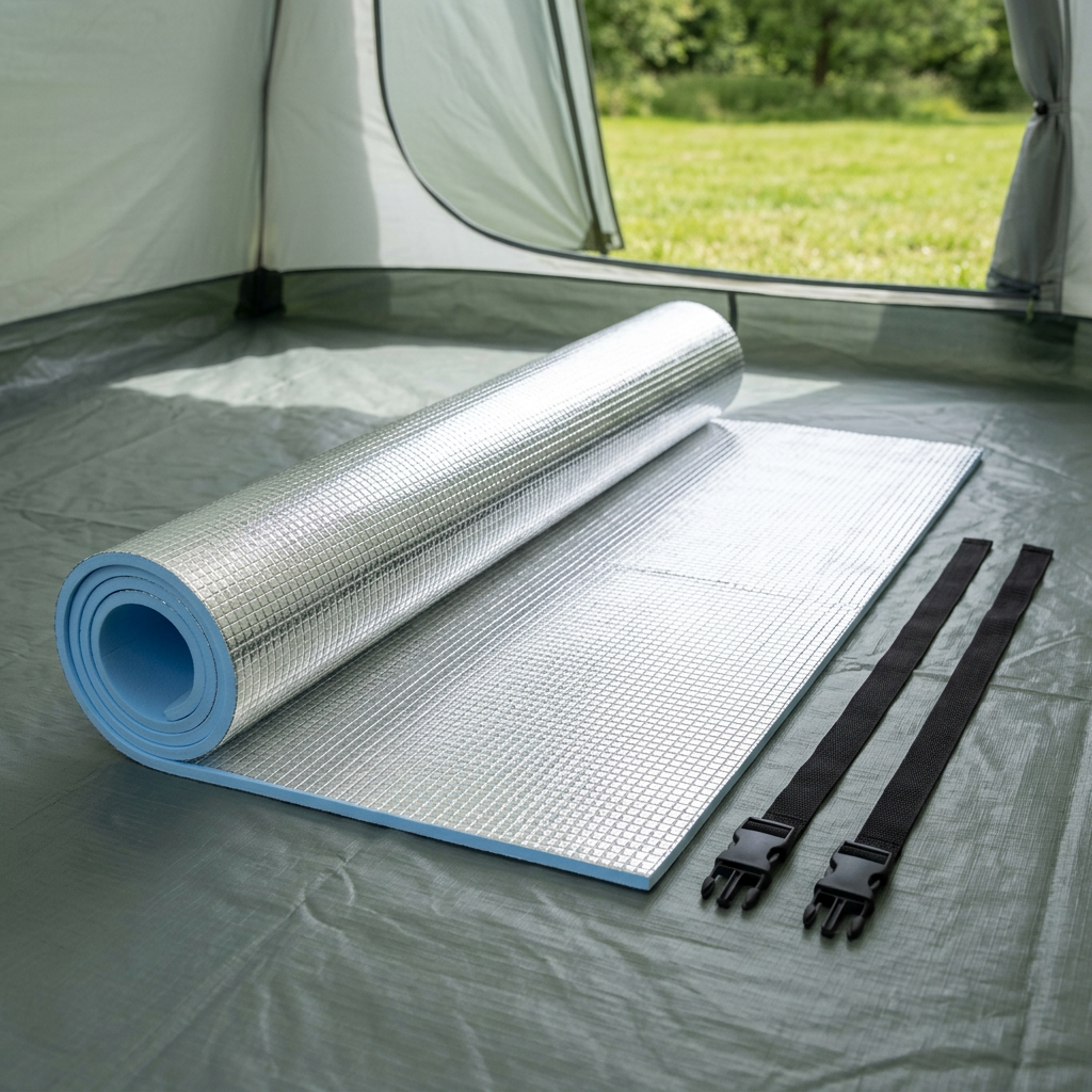 Insulated camping mat partially unrolled inside a tent