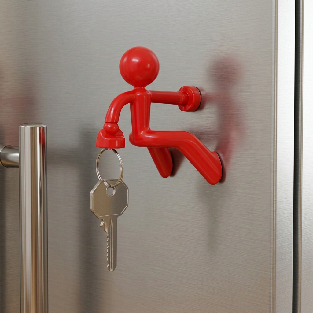 Key Pete attached to a stainless-steel fridge with its handle visible