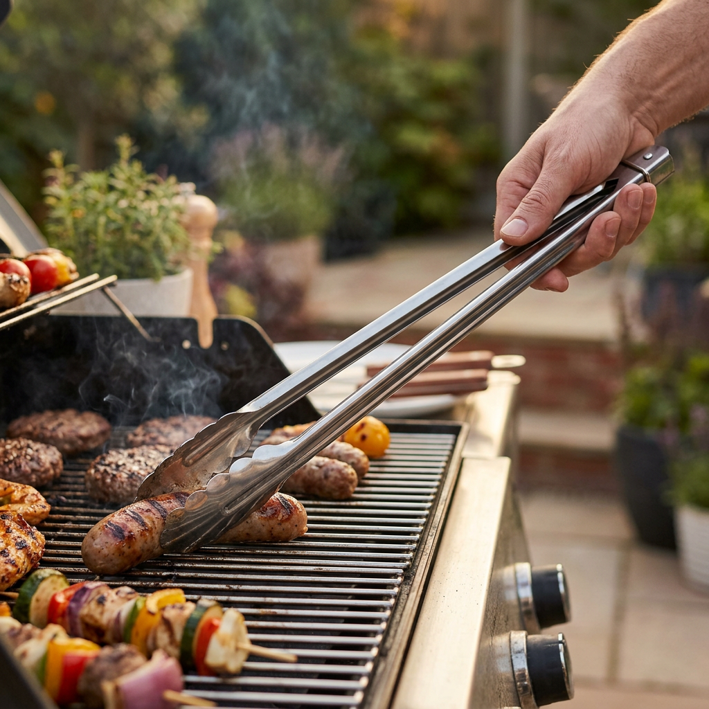 Large stainless steel tongs turning food on a barbecue