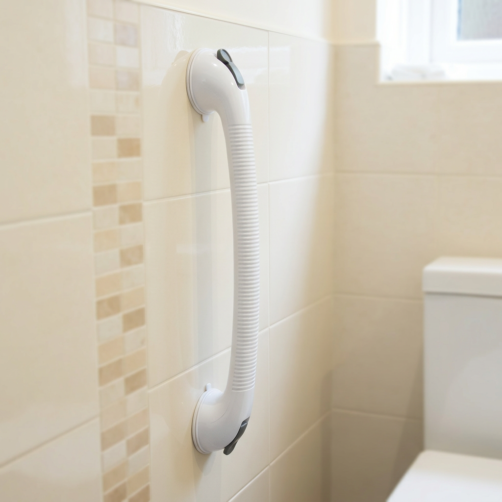 Long handled support grip mounted on bathroom tiles