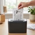 Lubrication sachet being fed into a paper shredder