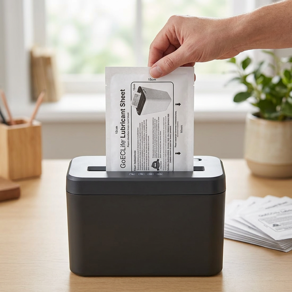 Lubrication sachet being fed into a paper shredder
