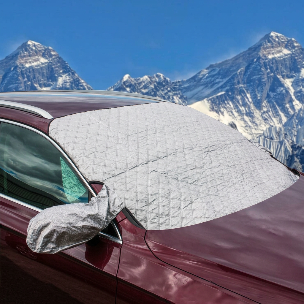 Luxury windscreen cover on a burgundy estate car with a mountain backdrop