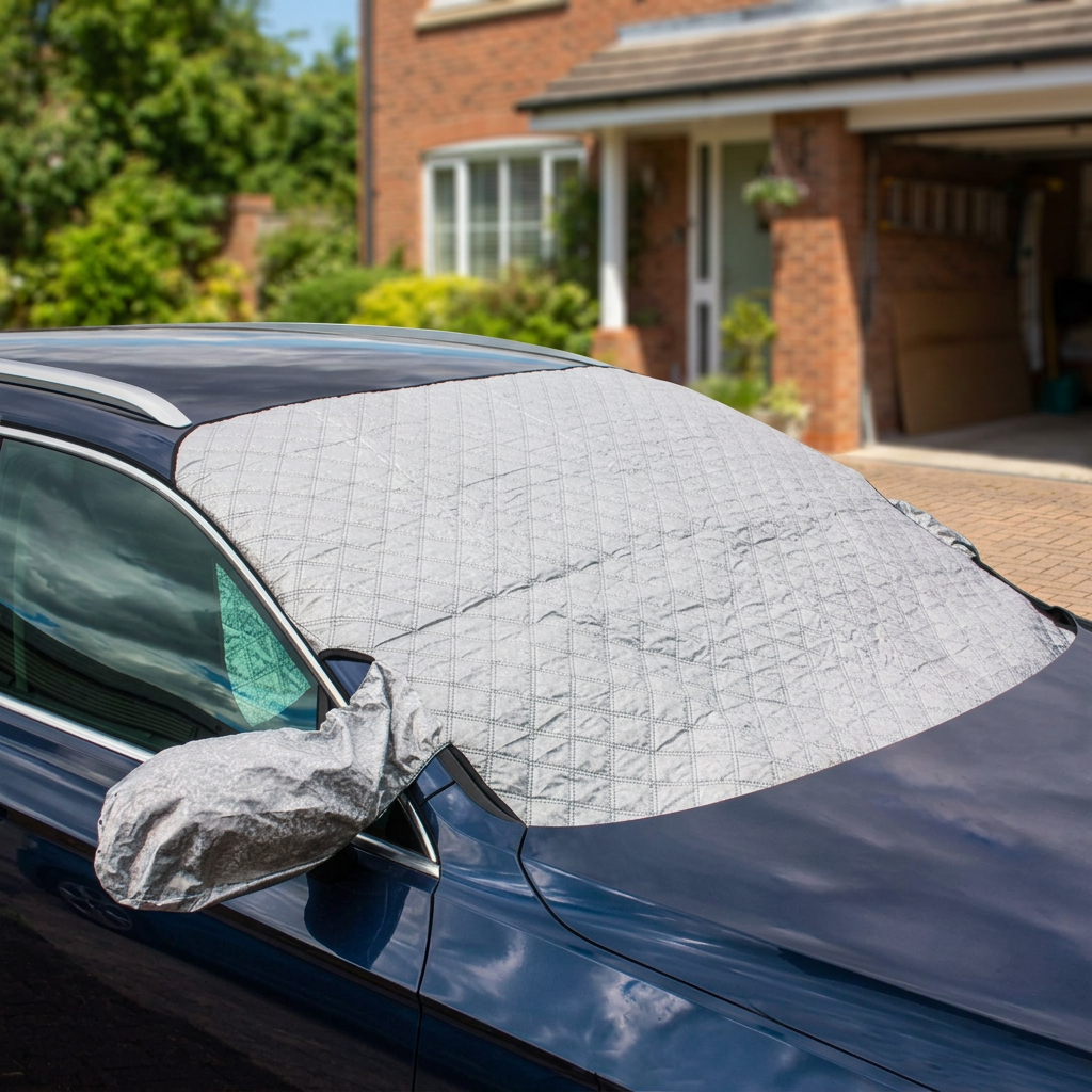 Luxury windscreen cover reflecting sunlight on a sunny driveway