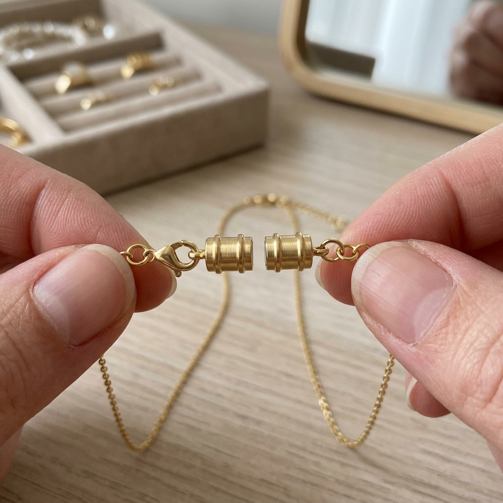 Magnetic clasp being joined on a necklace