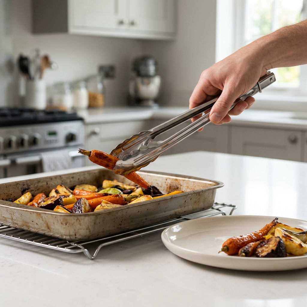 Medium stainless steel tongs serving roasted vegetables