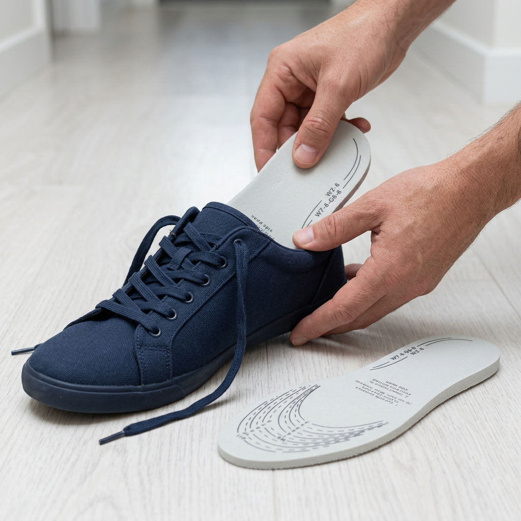 Memory foam insole being fitted into a shoe