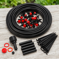 Micro irrigation kit on a pale wooden potting bench