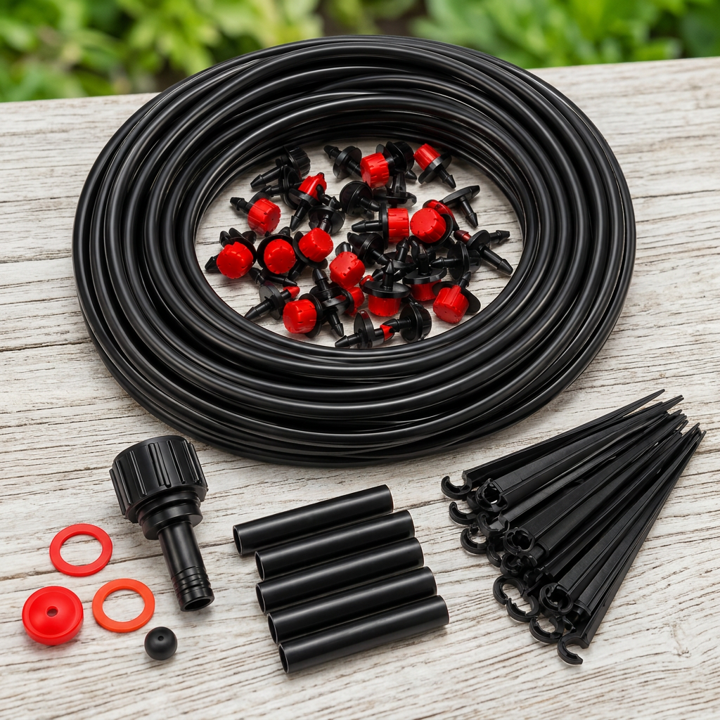 Micro irrigation kit on a pale wooden potting bench
