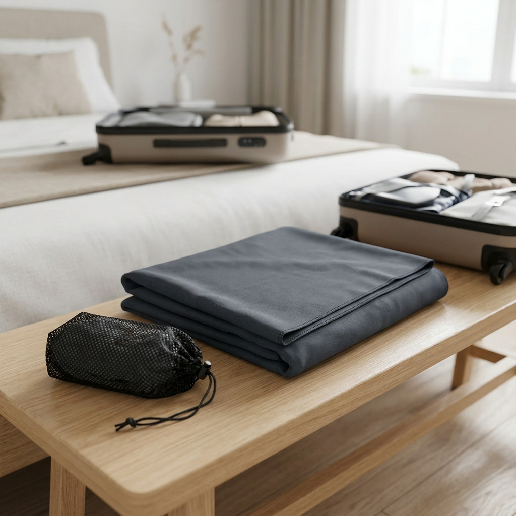 Microfibre travel towel and pouch in a holiday travel setting